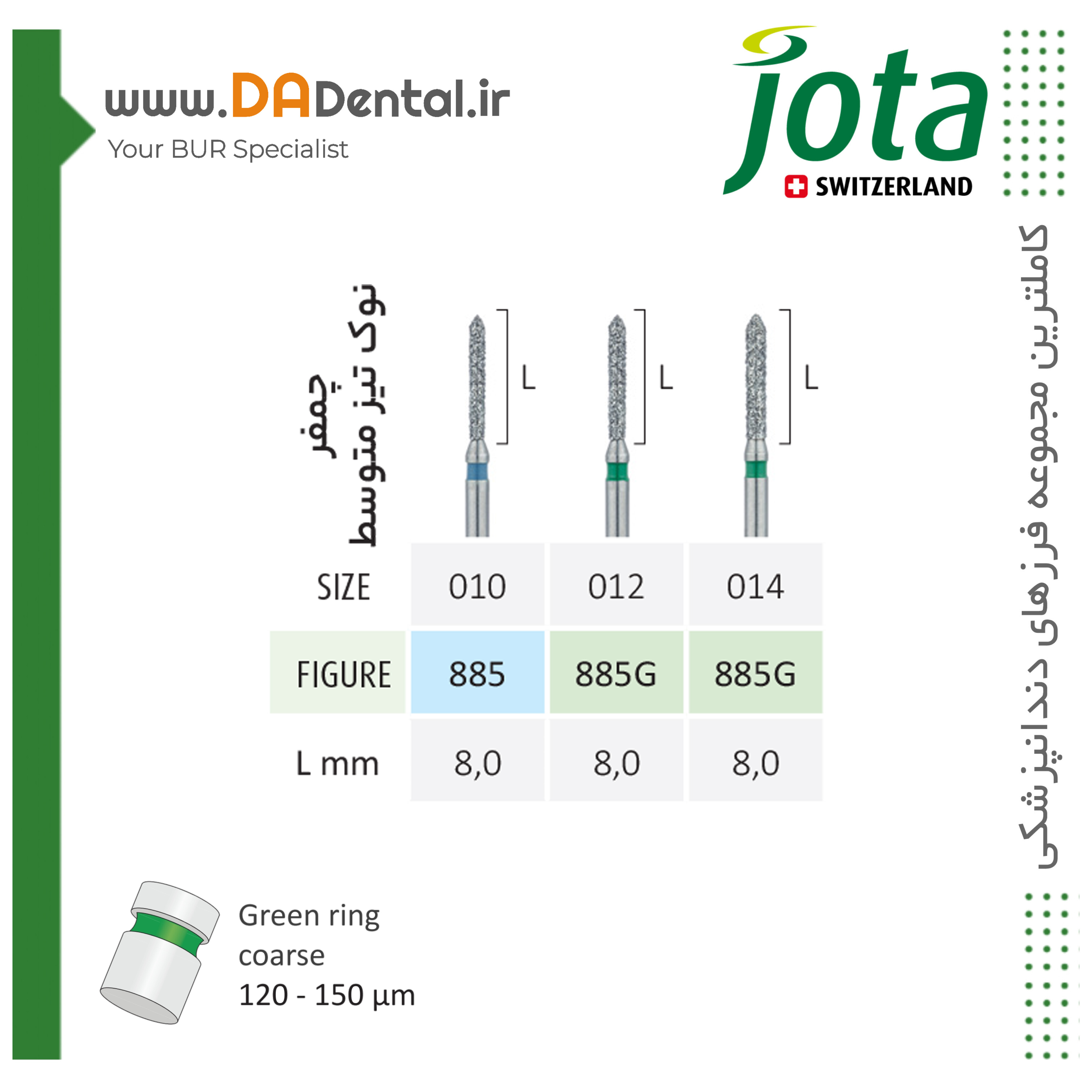 فرز چمفر نوک تیز متوسط (135 درجه) الماسی دور سبز و آبی جوتا JOTA کد G885